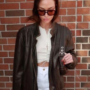 Joah brown drawstring crop tank in white